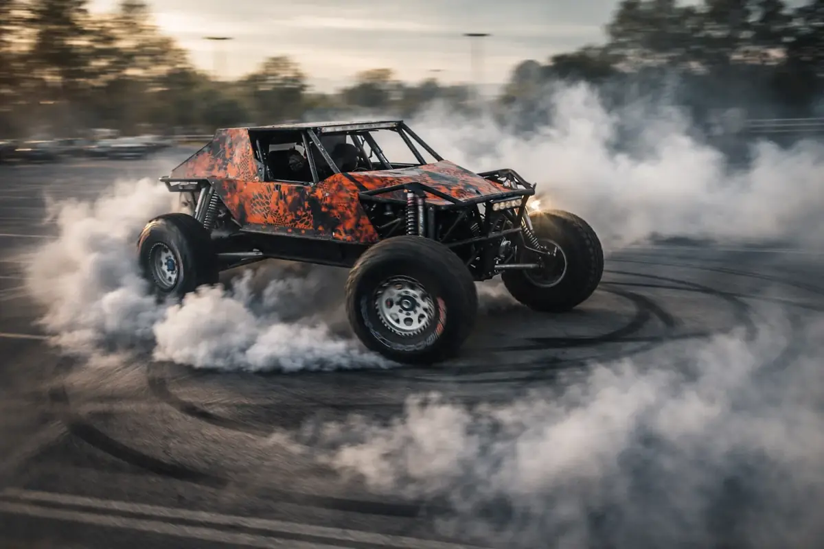 Owner-supplied promotional image of the orange-and-black TCOR buggy in tire smoke