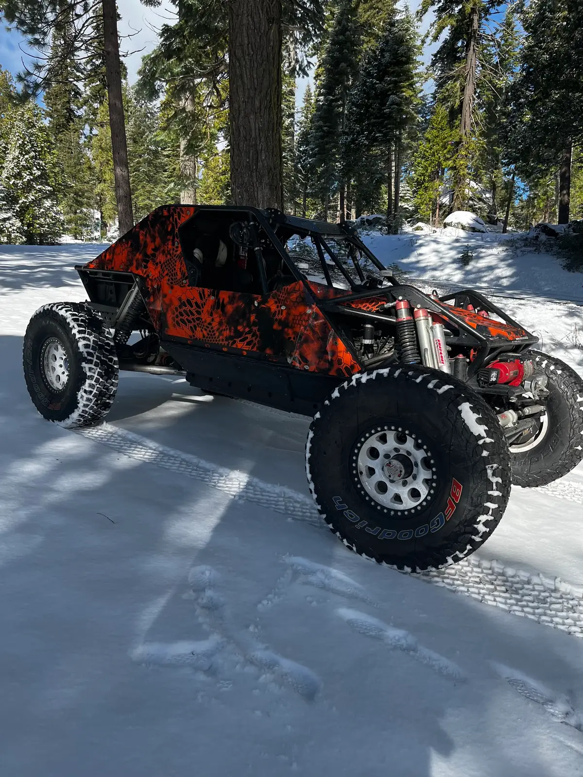 Orange-and-black TCOR buggy in a snow-covered forest
